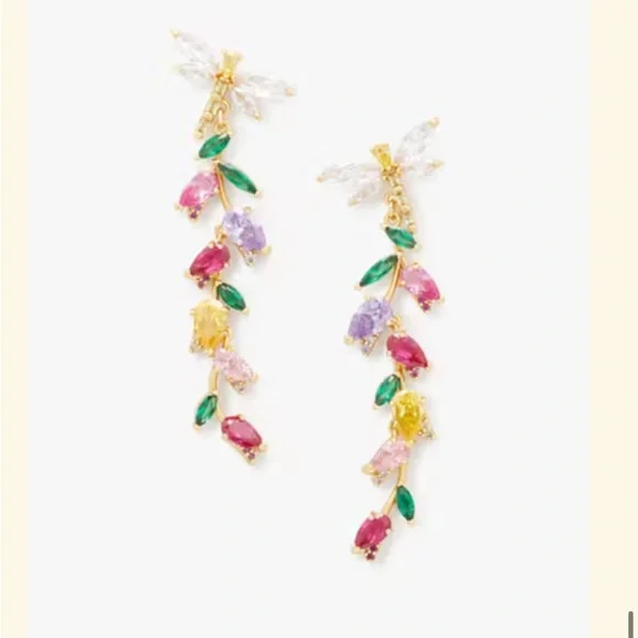 Kate Spade Greenhouse Floral Linear Earrings ~Rhinestone Dragonfly Flower Studs - Picture 7 of 7